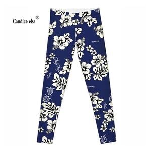 CANDICE ELSA Sexy Fitness Spandex Leggings, Blue w White Floral Print (XL - 4XL)